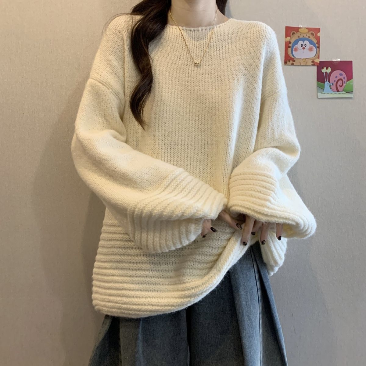 寬松燈籠袖大碼中長款軟糯慵懶風針織毛衣-lululam