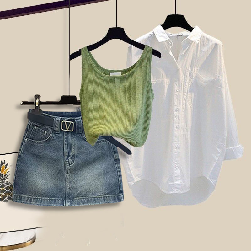 【單件/套裝】韓版百搭襯衫背心顯瘦牛仔裙三件套裝-lululam