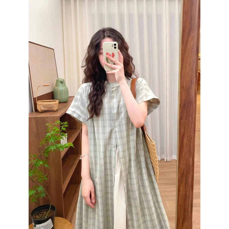 【單件】溫柔復古中長款格紋襯衫連身裙+寬鬆氣質半身裙兩件套裝-lululam
