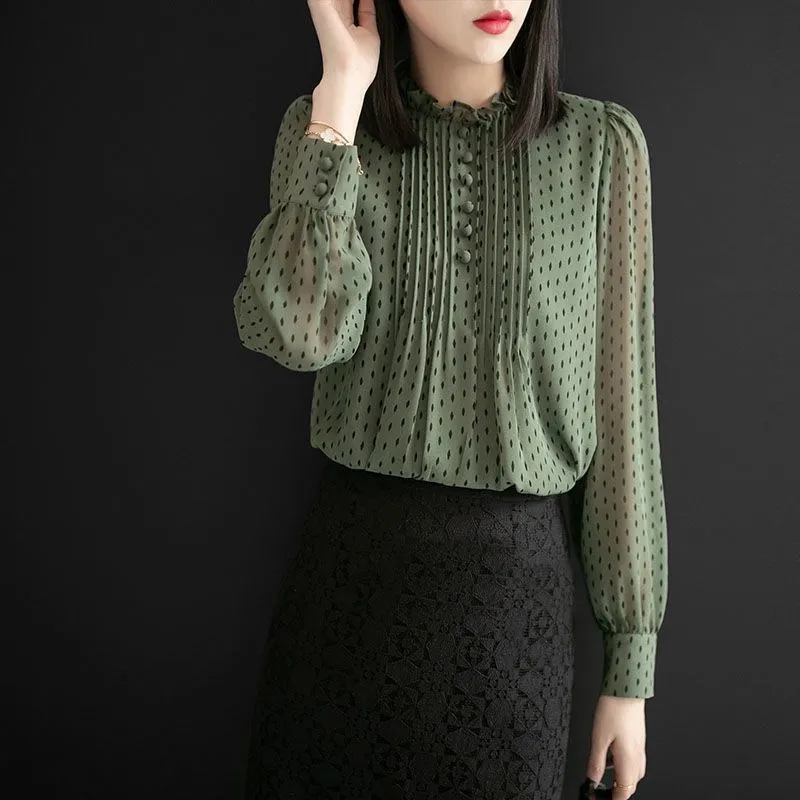 氣質寬鬆長袖時尚洋氣雪紡襯衫-lululam