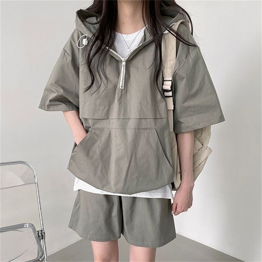 【整套】韓版素色寬松連帽短袖+百搭休閑褲兩件套