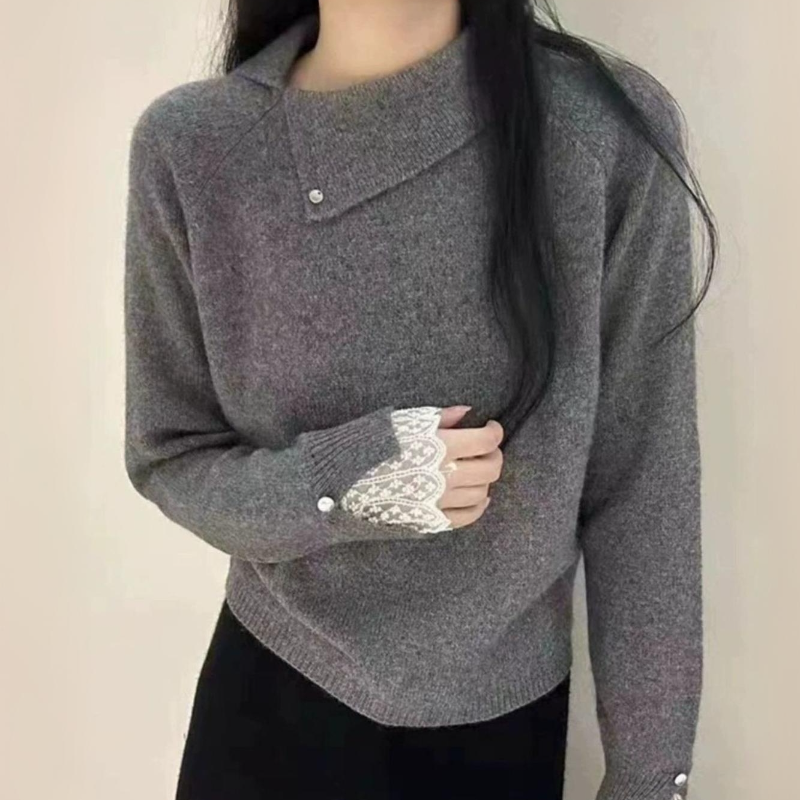 高級簡約珍珠蕾絲邊翻領軟糯針織打底衫