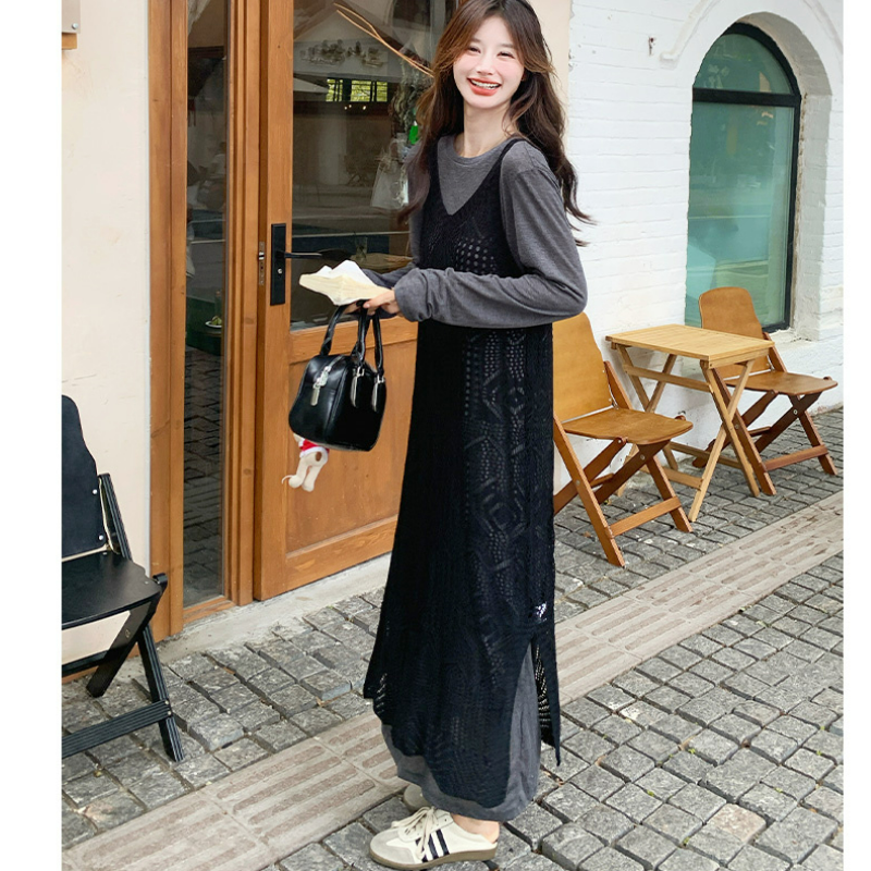 【單件/套裝】鏤空罩衫慵懶寬鬆連身裙兩件套裝-lululam