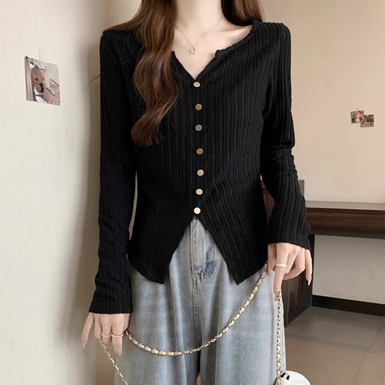大碼薄款顯瘦V領設計感長袖打底針織衫