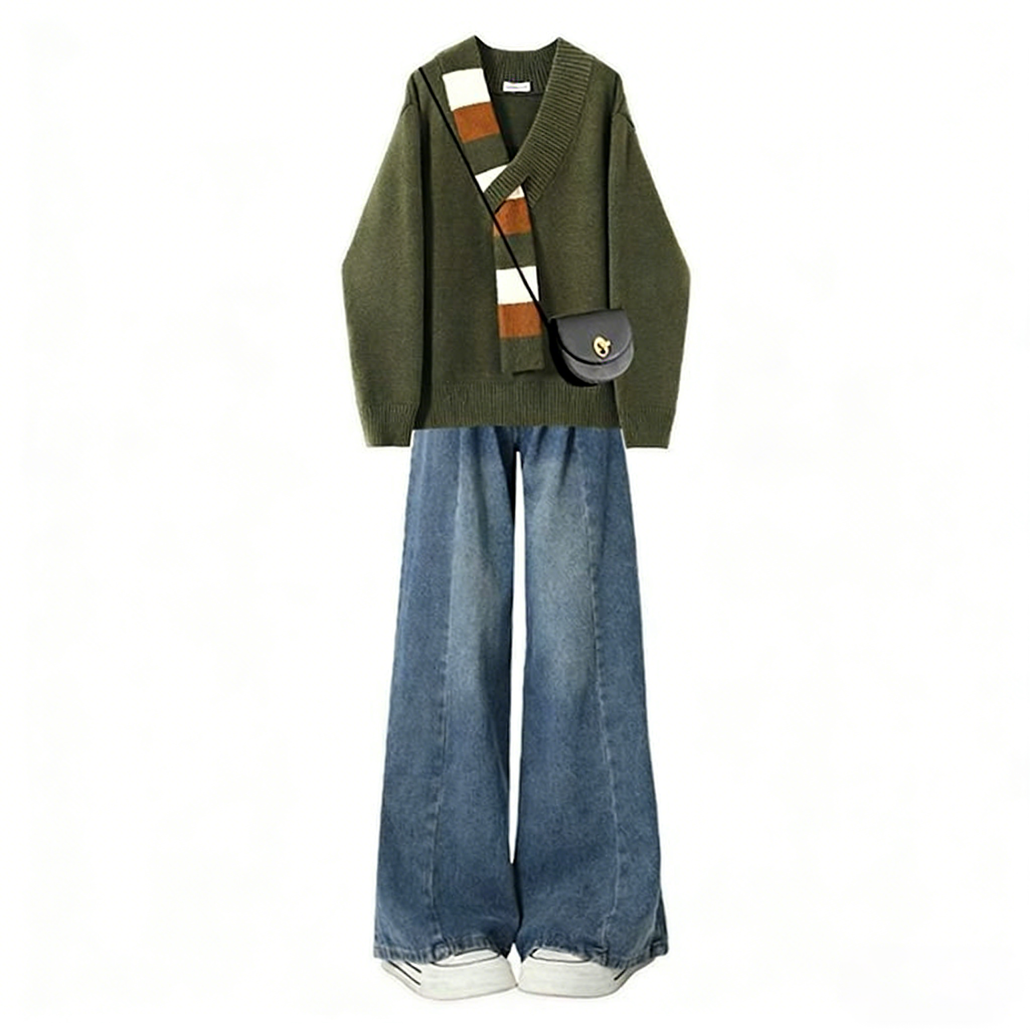 【單件/套裝】韓系減齡V領針織衫毛衣+高腰顯瘦闊腿牛仔褲兩件套