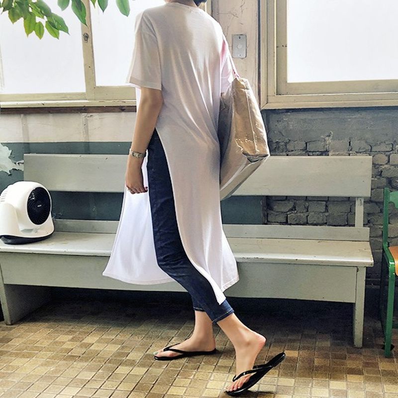 韓版寬鬆大碼休閒過膝長版雙開叉短袖T恤