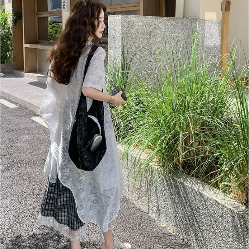 【單件/套裝】高級設計感蕾絲衫+黑白格半身裙兩件套裝-lululam