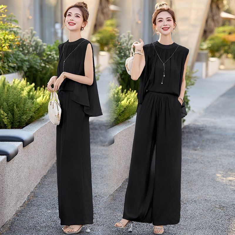 【整套】氣質休閑無袖上衣+闊腿褲兩件套