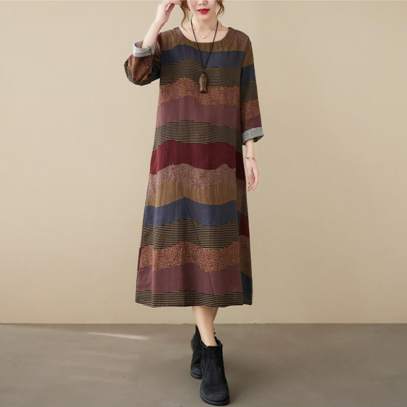 文藝洋氣復古亞麻條紋拼接棉麻洋裝-lululam