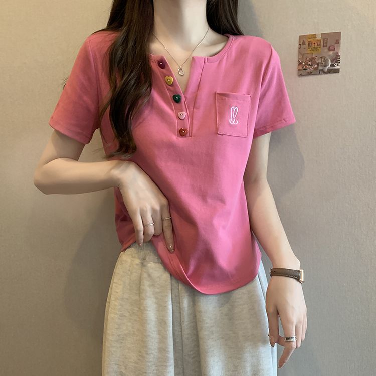 修身減齡休閒顯瘦立體設計感紐扣口袋短袖-lululam