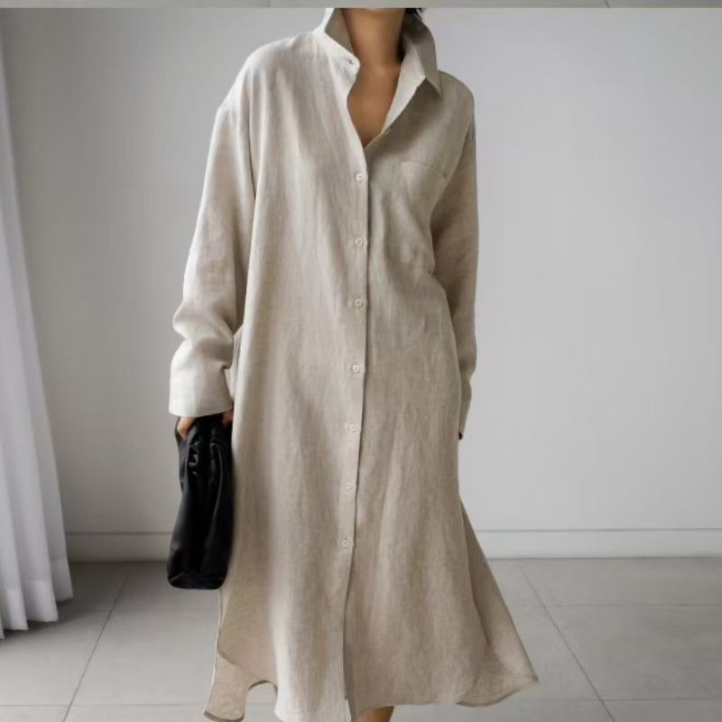 寬鬆休閒文藝顯瘦素色氣質翻領洋裝-lululam