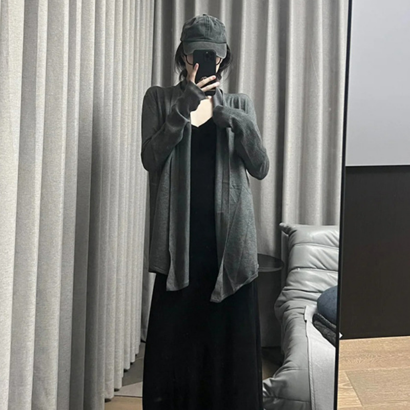 韓版寬鬆休閑中長款外套薄款毛衣針織開衫-lululam