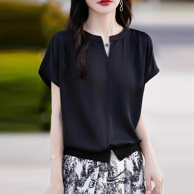 落肩小衫短款V領純色寬鬆短袖T恤-lululam