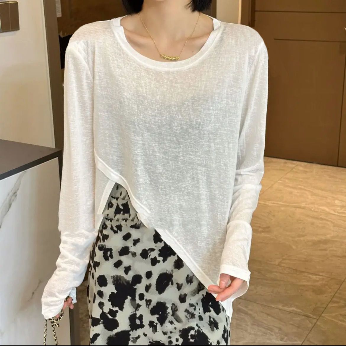 【單件/套裝】時尚不規則防曬長袖T恤+豹紋半身裙兩件套裝-lululam