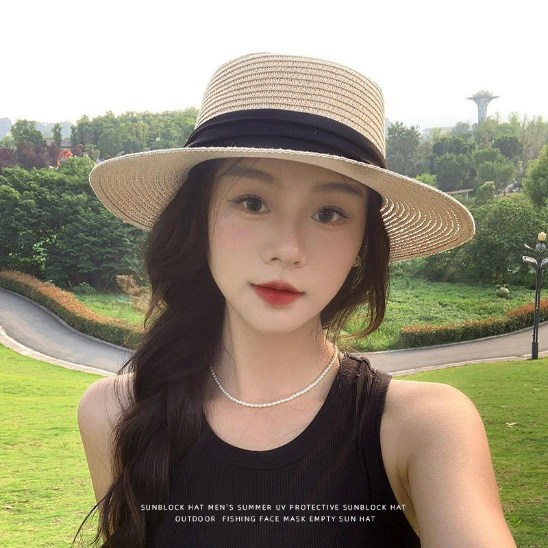 赫本風法式平頂草帽大帽檐遮陽防曬帽度假沙灘帽-lululam