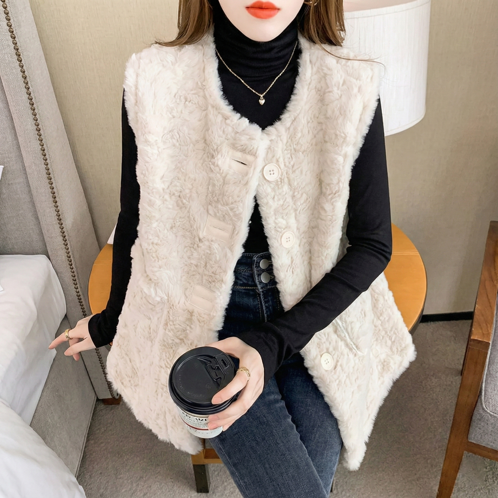 百搭時尚休閒洋氣仿兔毛皮毛一體毛絨馬甲