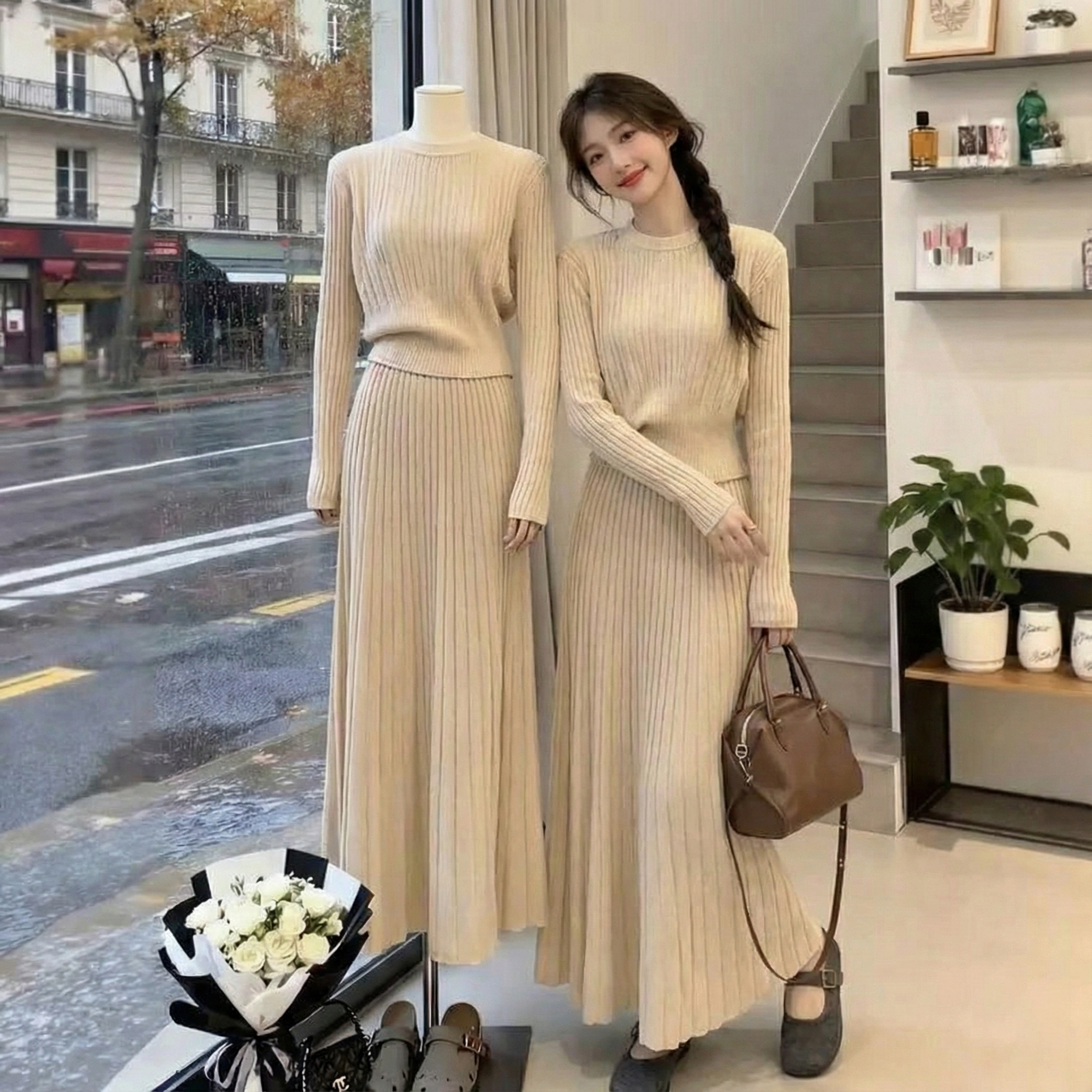 【整套】法式高級感收腰顯瘦針織毛衣+氣質半身長裙兩件套裝
