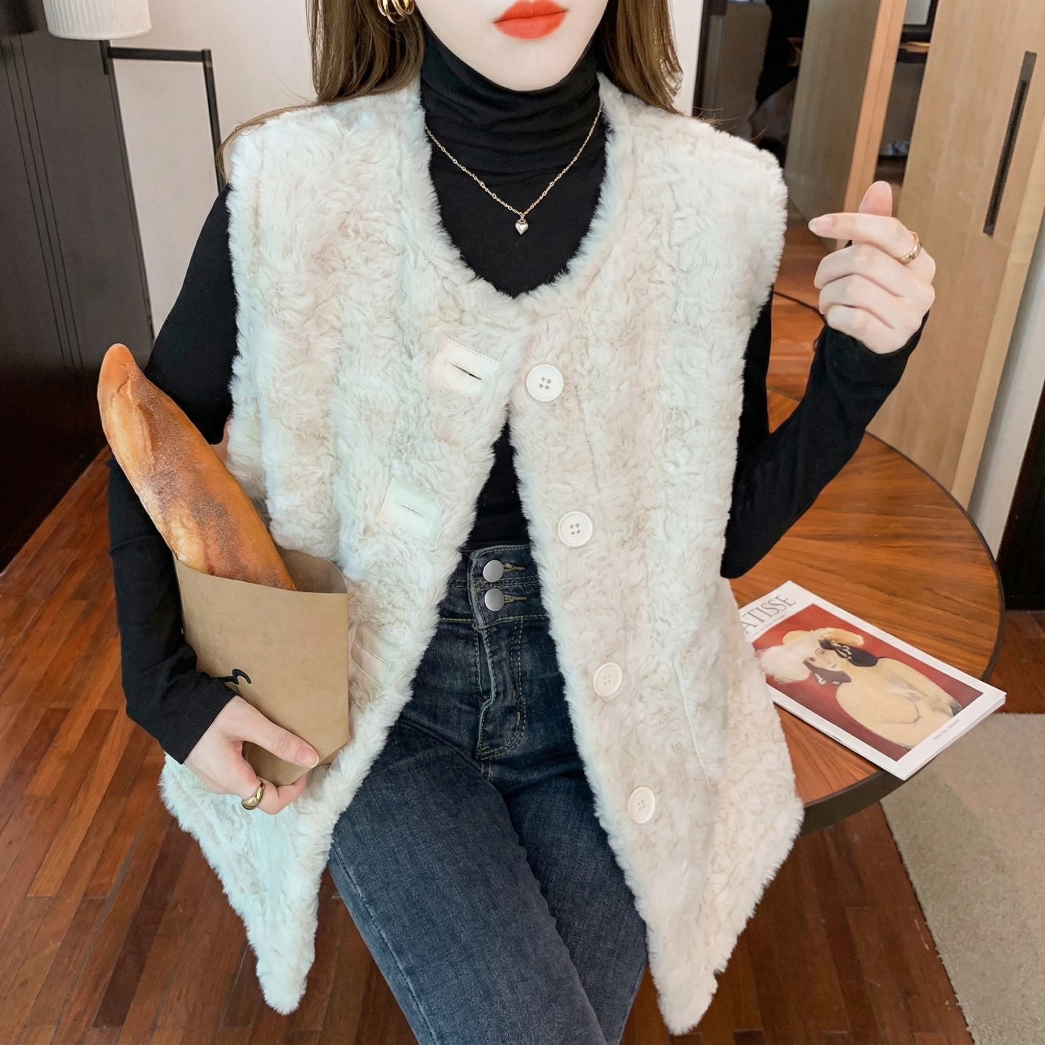 百搭時尚休閒洋氣仿兔毛皮毛一體毛絨馬甲