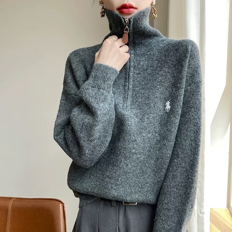 小馬刺繡半拉鏈翻領寬鬆百搭針織衫