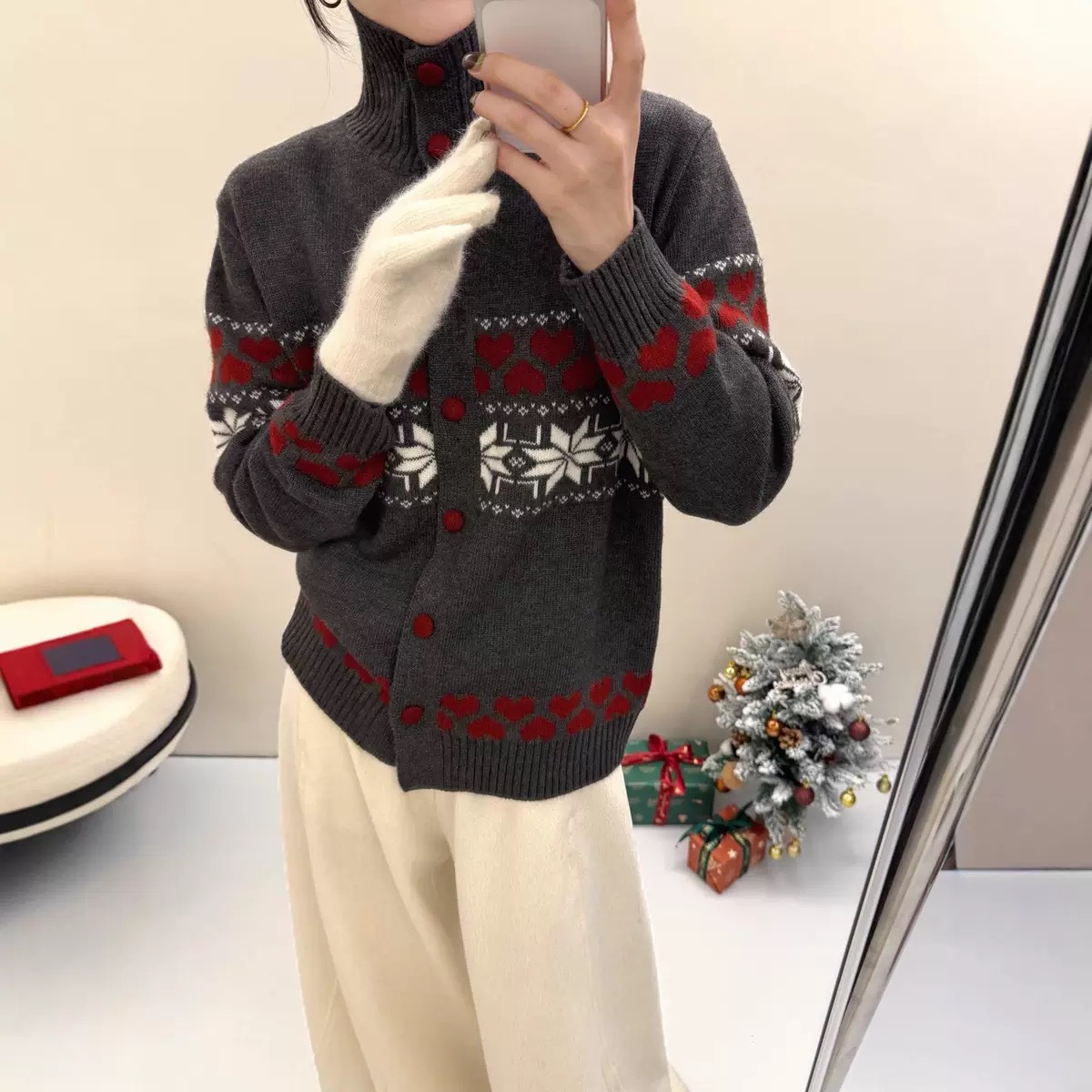 提花高領毛衣寬鬆顯瘦疊穿針織開衫