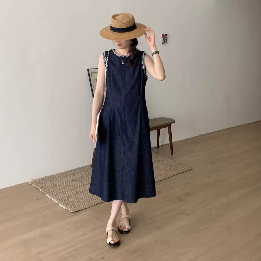 法式氣質寬鬆顯瘦無袖背心牛仔洋裝