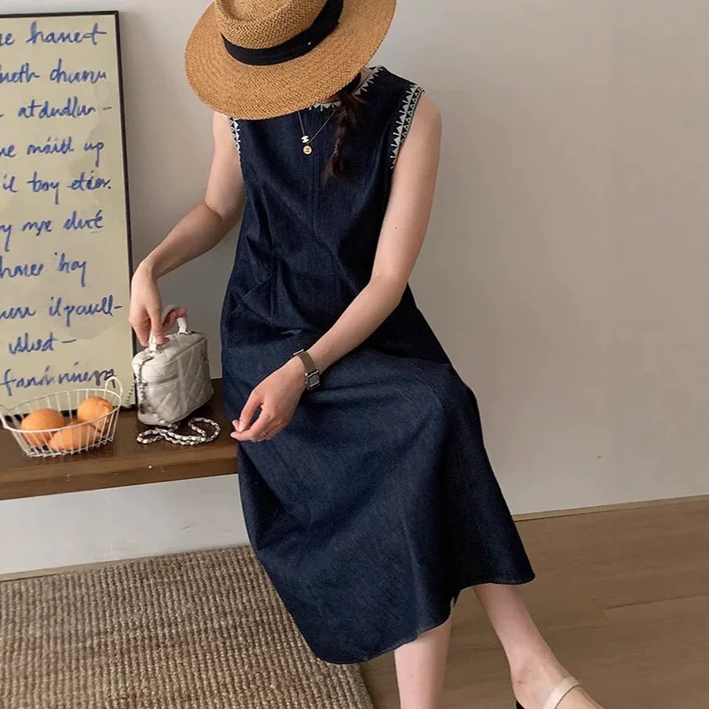 法式氣質寬鬆顯瘦無袖背心牛仔洋裝