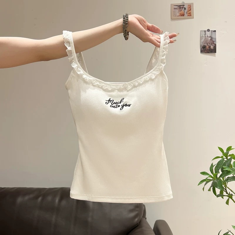 純欲蕾絲刺繡帶胸墊美背設計感顯瘦吊帶背心-lululam