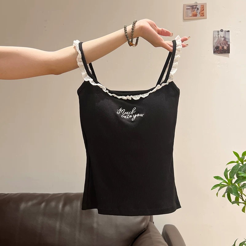 純欲蕾絲刺繡帶胸墊美背設計感顯瘦吊帶背心-lululam