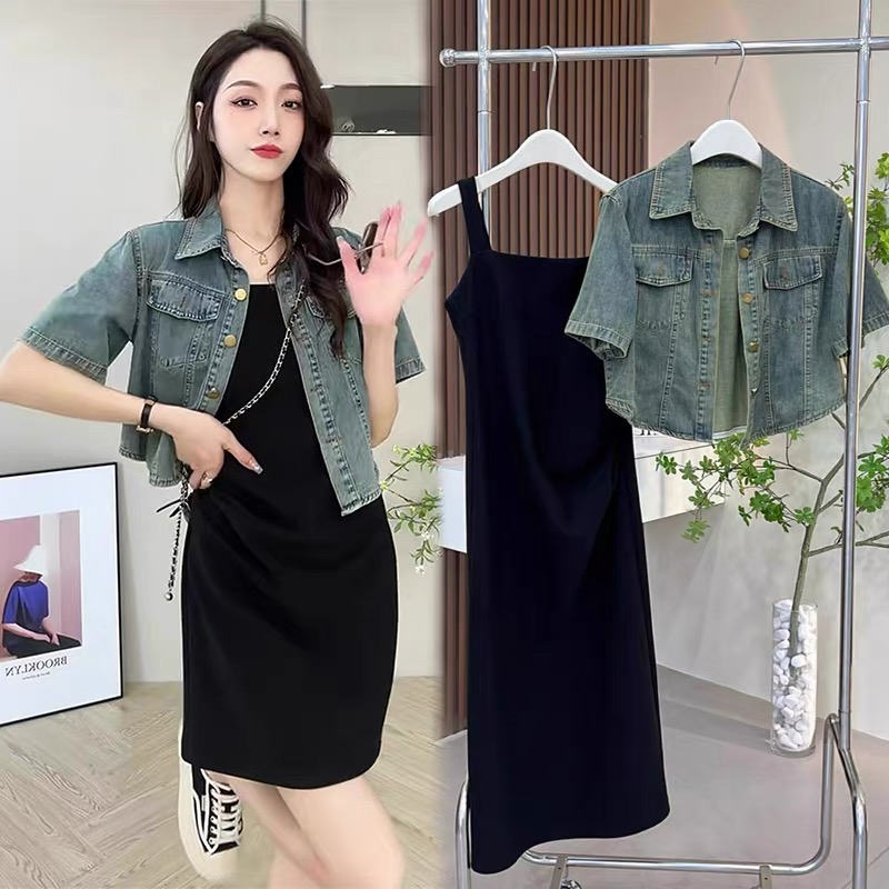 【單品/套裝】短袖牛仔外套吊帶連衣裙韓版休閒兩件套裝