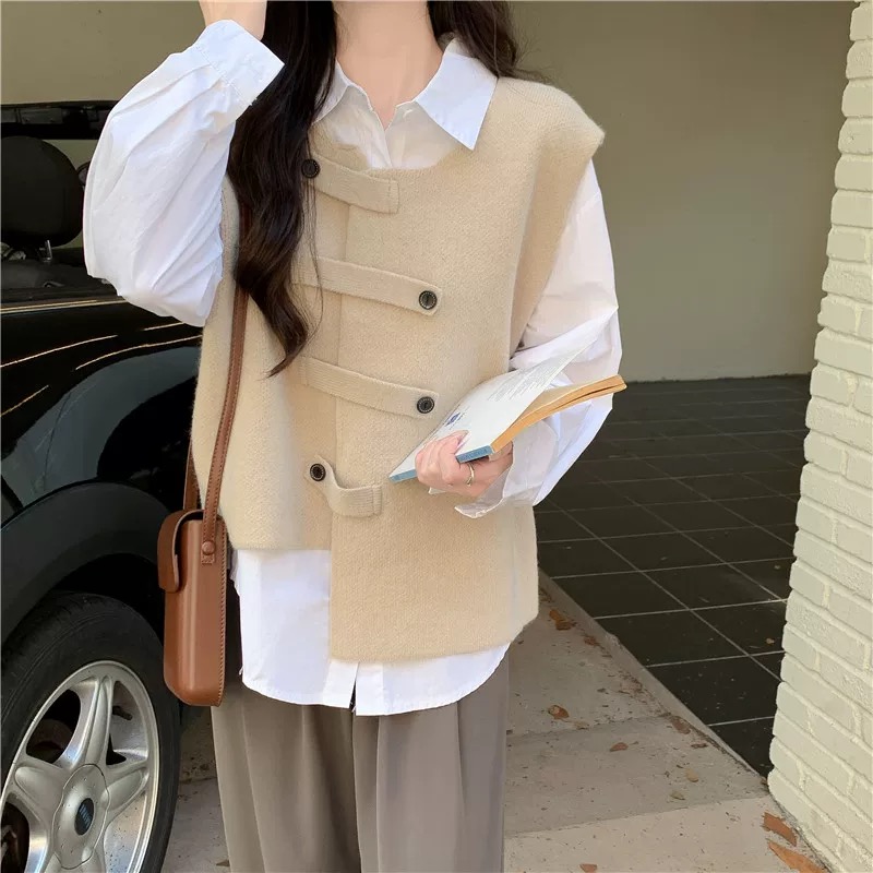 疊穿開衫氣質文藝小眾設計不規則針織馬甲