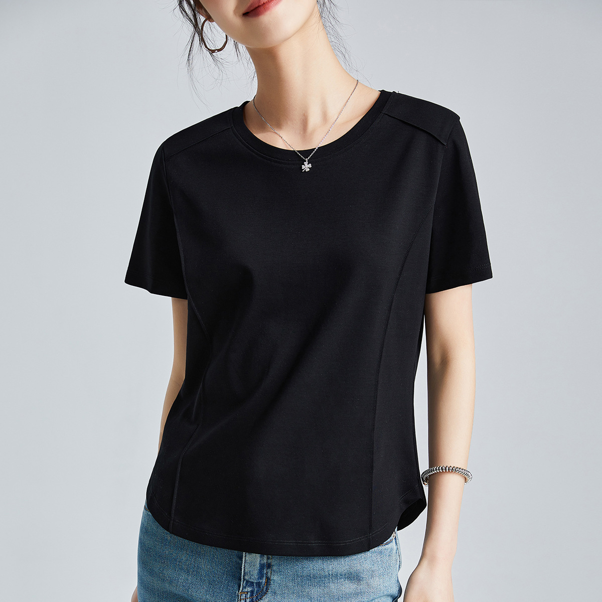 時尚絲光棉圓領打底衫素色正肩短袖t恤