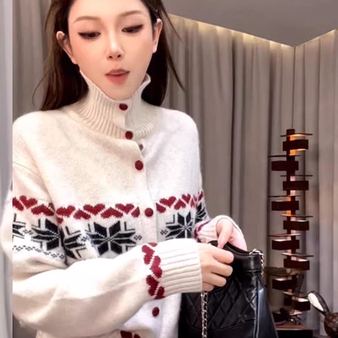 提花高領毛衣寬鬆顯瘦疊穿針織開衫