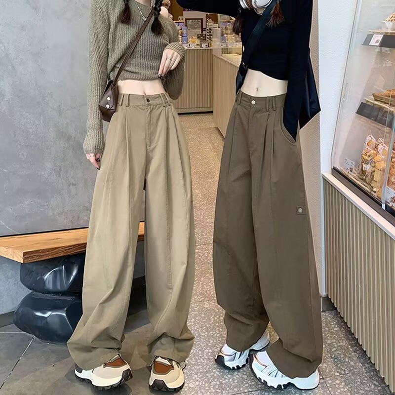 美式高腰顯瘦寬鬆休閒運動工裝闊腿褲-lululam