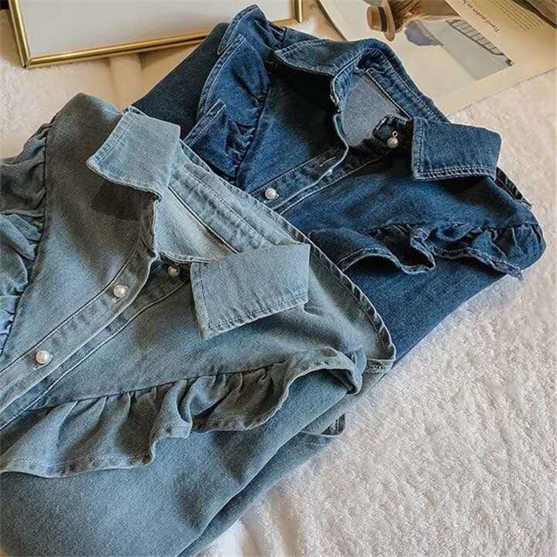 甜美荷葉邊大碼寬鬆顯瘦長袖牛仔襯衫-lululam