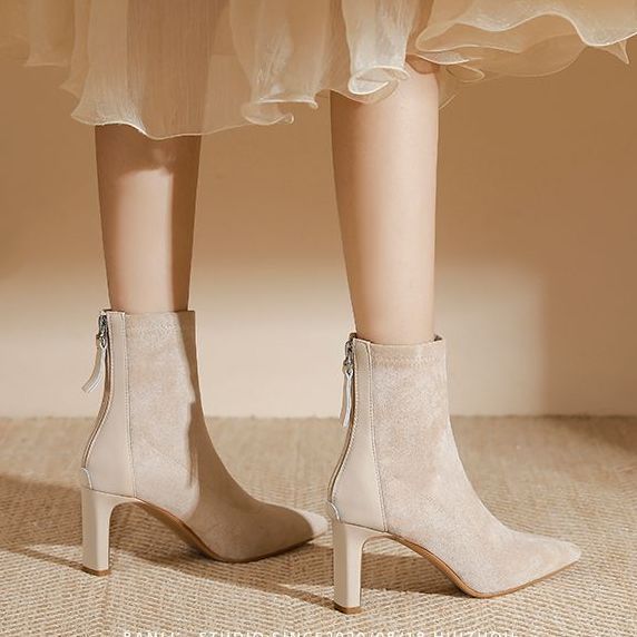 尖頭百搭粗跟絨面短靴高跟靴