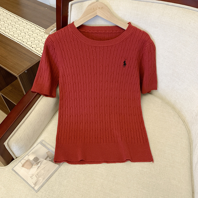 軟糯親膚小馬刺繡麻花針織衫百搭短袖