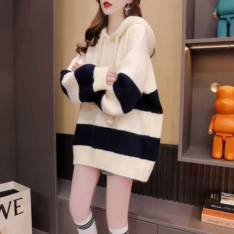 韓版潮流寬鬆條紋慵懶風連帽套頭毛衣