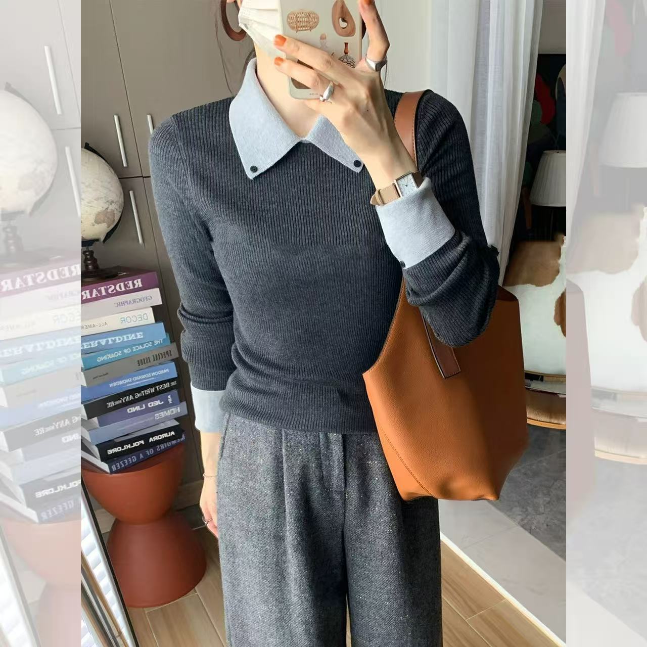 復古翻領拼接撞色內搭顯瘦修身針織毛衣