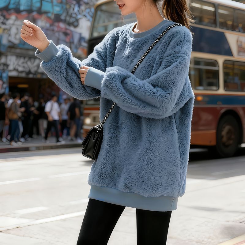 韓版寬鬆百搭刷毛加厚圓領珊瑚絨長袖