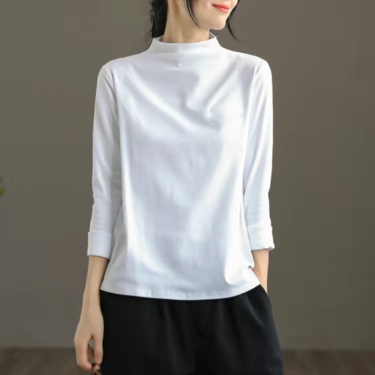 純棉半高領休閒寬鬆百搭文藝打底衫長袖T恤-lululam