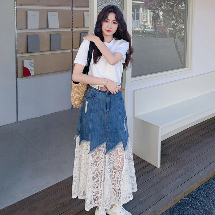【單件/套裝】氣質流行短袖T恤+蕾絲拼接牛仔半身裙兩件套裝-lululam