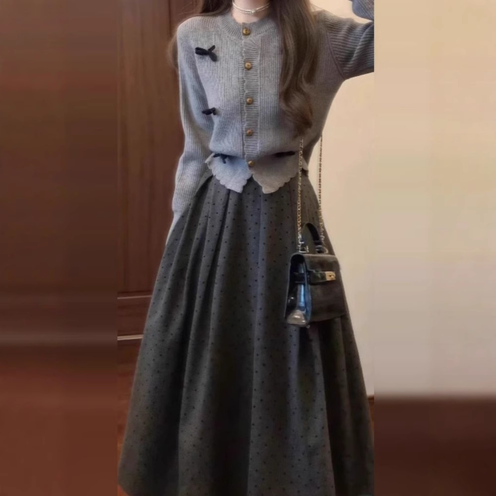 【單件/套裝】立體蝴蝶結針織開衫+波點半身裙兩件套裝