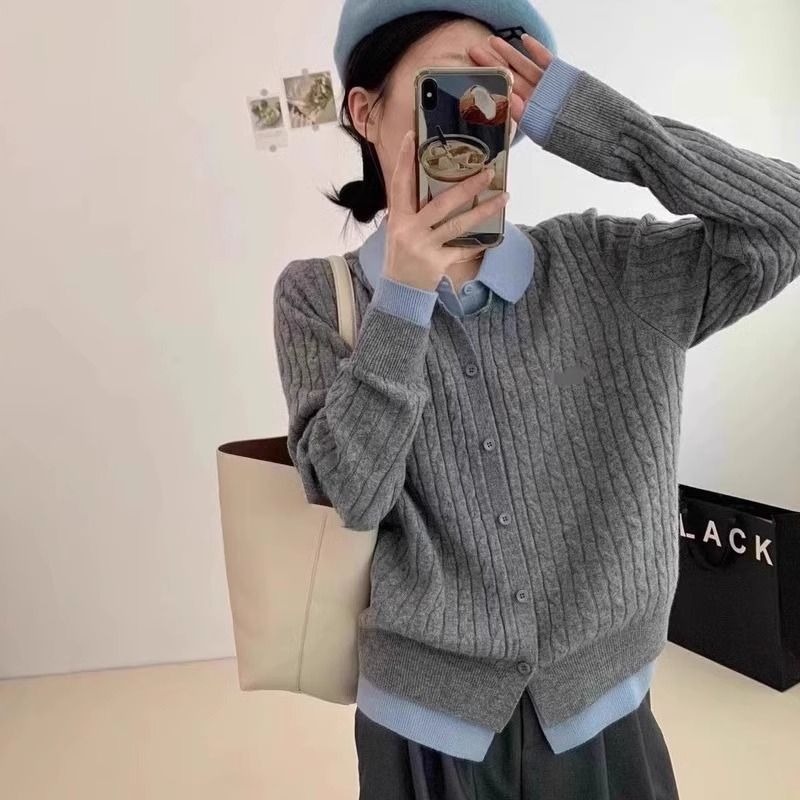 小眾洋氣撞色翻領毛衣設計感假兩件針織開衫