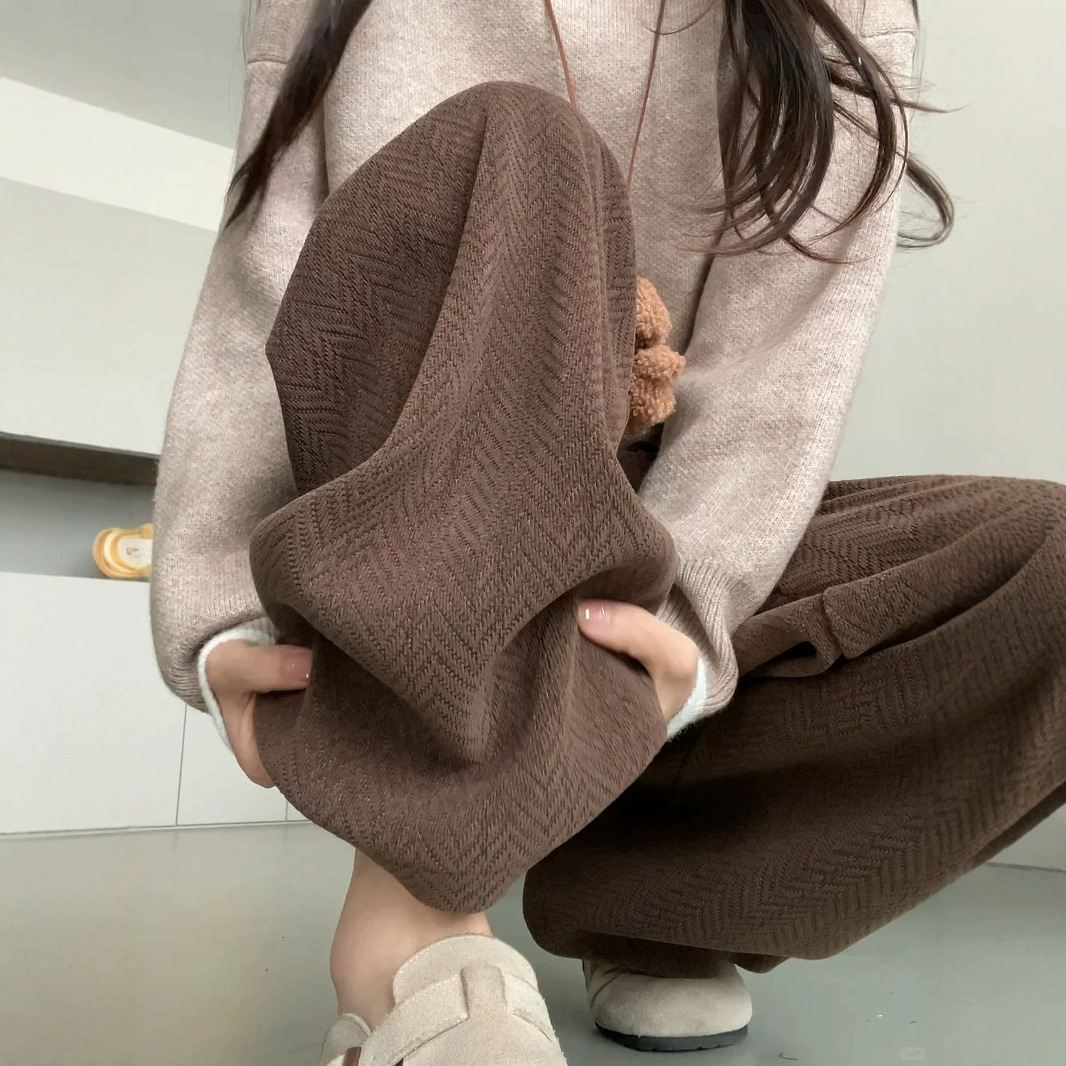 雪尼爾高腰垂感休閒加絨針織闊腿褲-lululam