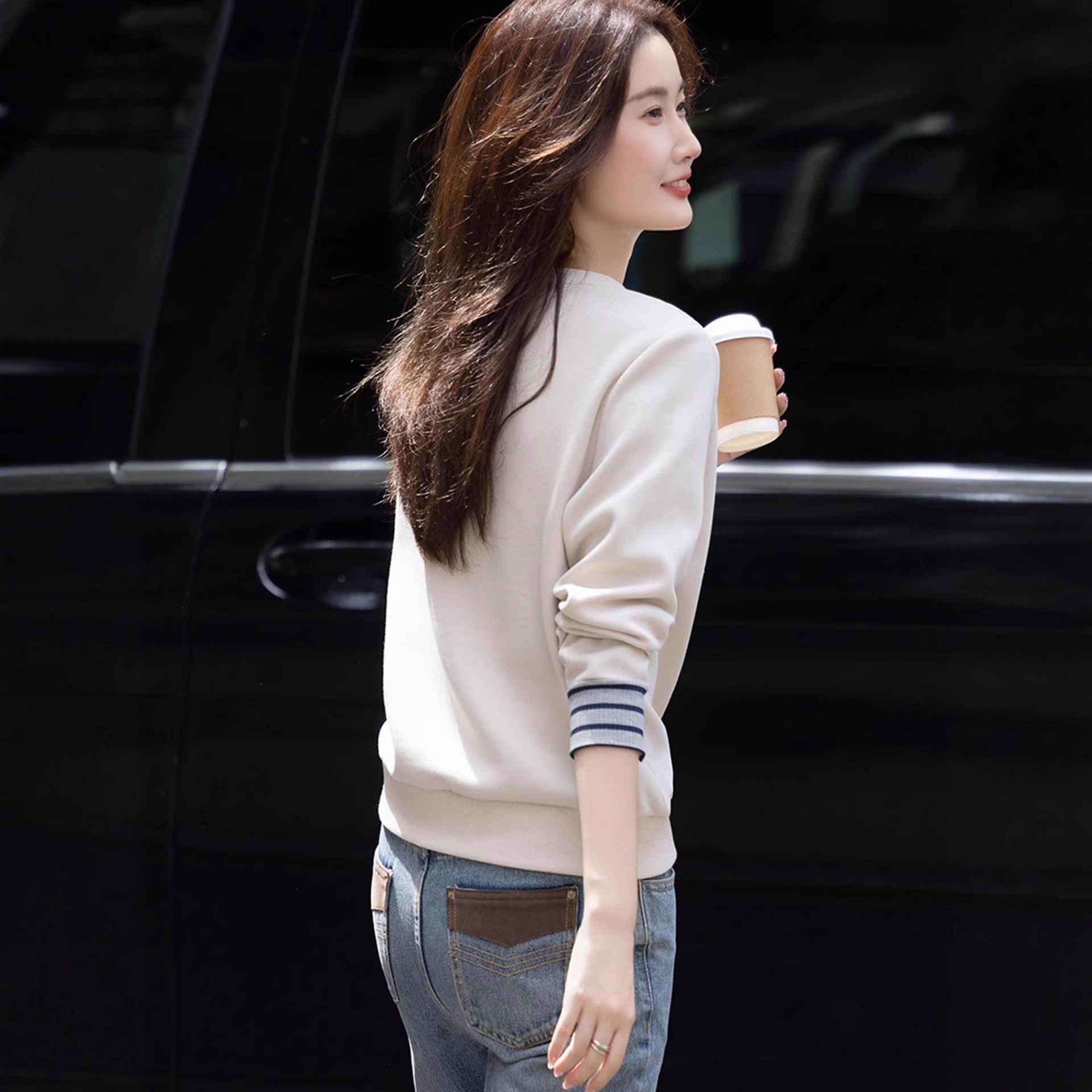 慵懶風寬鬆藏肉舒適時髦撞色袖口長袖T恤