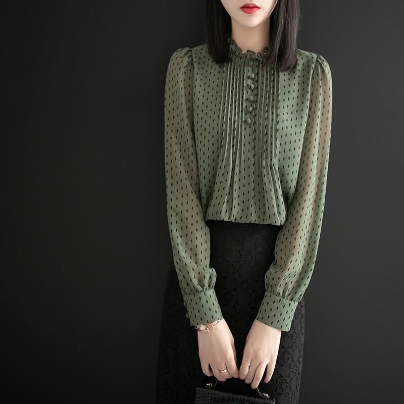 氣質寬鬆長袖時尚洋氣雪紡襯衫-lululam
