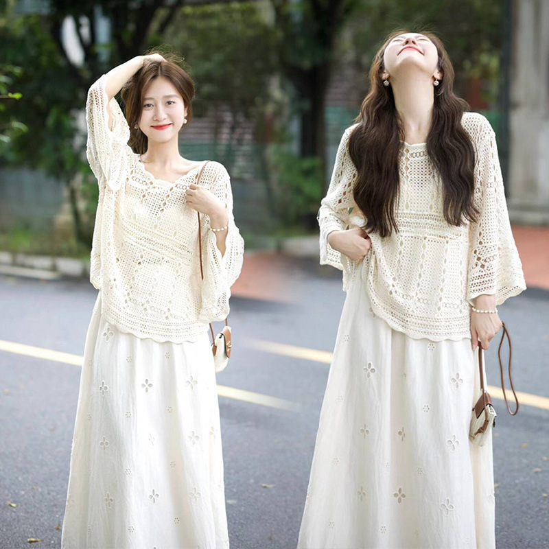 【單件/整套】溫柔小清新闊袖鏤空上衣半身長裙兩件套裝