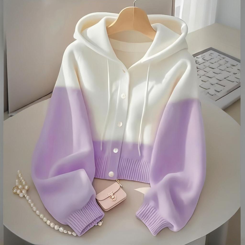 寬鬆連帽羊毛撞色紐扣針織開衫