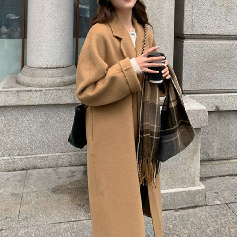 韓系中長版寬鬆高級感雙排扣仿毛呢外套