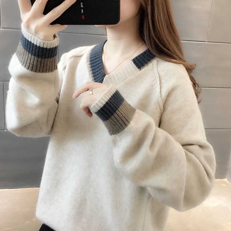 韓版寬鬆顯瘦套頭撞色v領針織衫